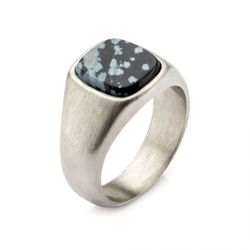 Brushed Stainless Steel Ring with Snowflake Obsidian FR19976F Brushed Stainless Steel Ring with Snowflake Obsidian FR19976F